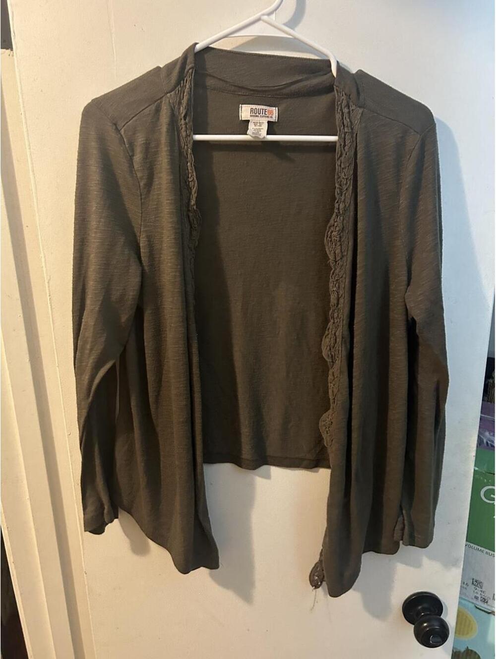 Route 66 olive green polyester & cotton cardigan with lace trim, size XL